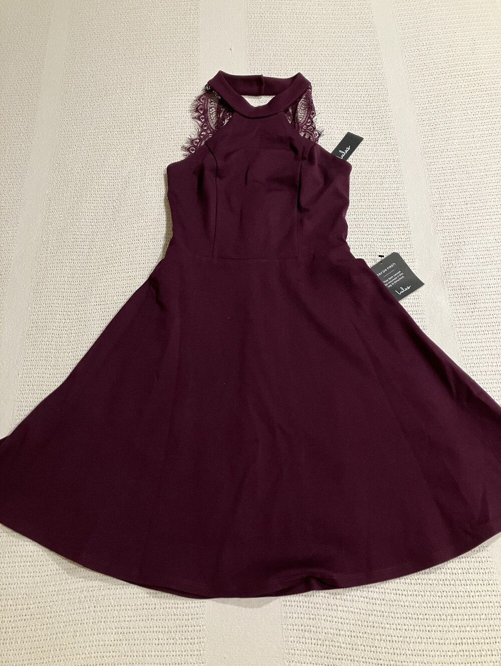 Lulu's Plum Lace-Trim Halter Fit & Flare Dress